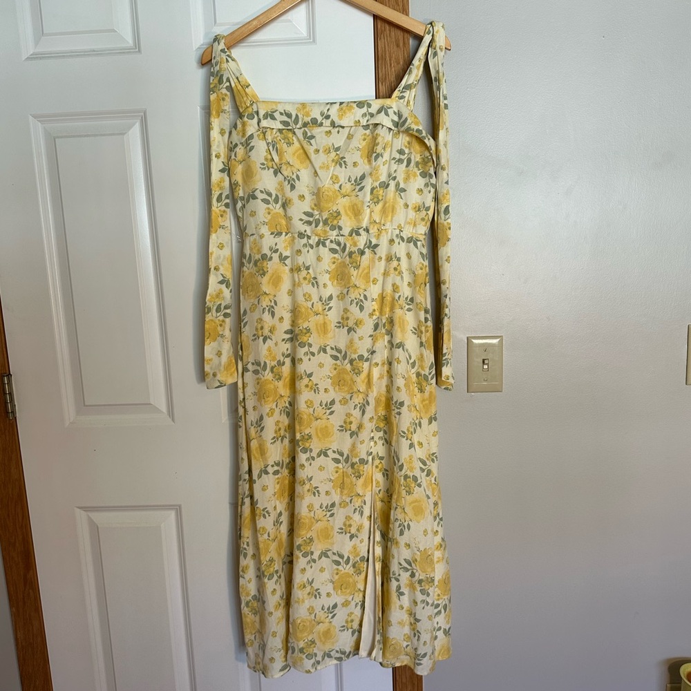 Altar'd State Yellow Floral Midi Dress with Tie Shoulders